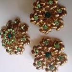 Green Rhinestone Earrings And Brooch Set, Vintage..