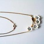 White Daisy Bib Necklace With Crystal Accents