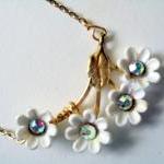 White Daisy Bib Necklace With Crystal Accents