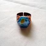 Blue Faceted Hexagon Ring With Copper Wire Wraps