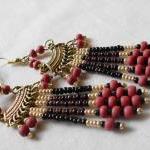 Tribal Earrings In Red And Gold Seed Beads