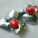 Vintage Earrings, Silver Foil Leaves With Red..