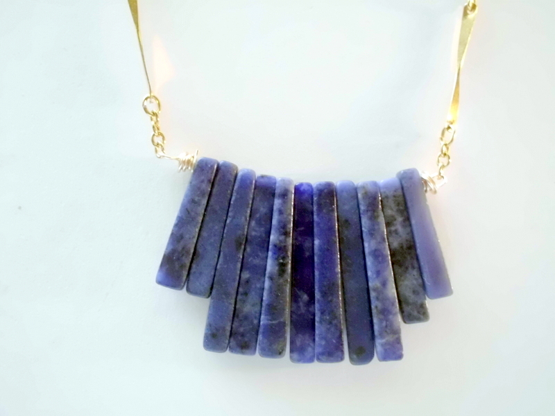 Dark Blue Stone Necklace In Tribal Style With Gold Filled Chain