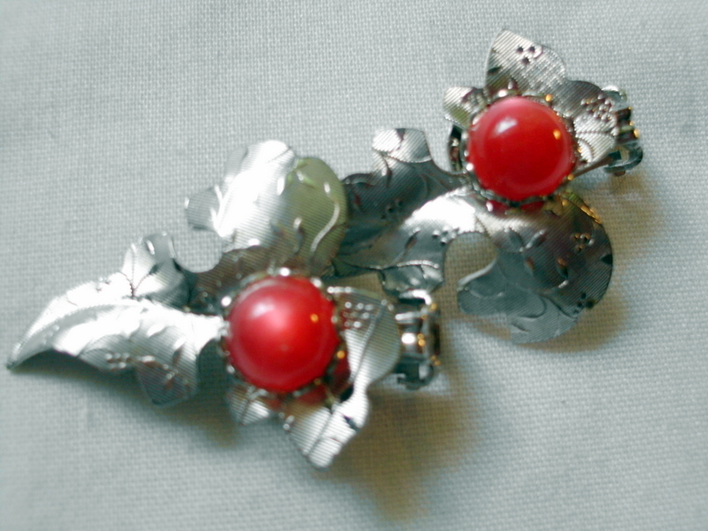 Vintage Earrings, Silver Foil Leaves With Red Cabochons