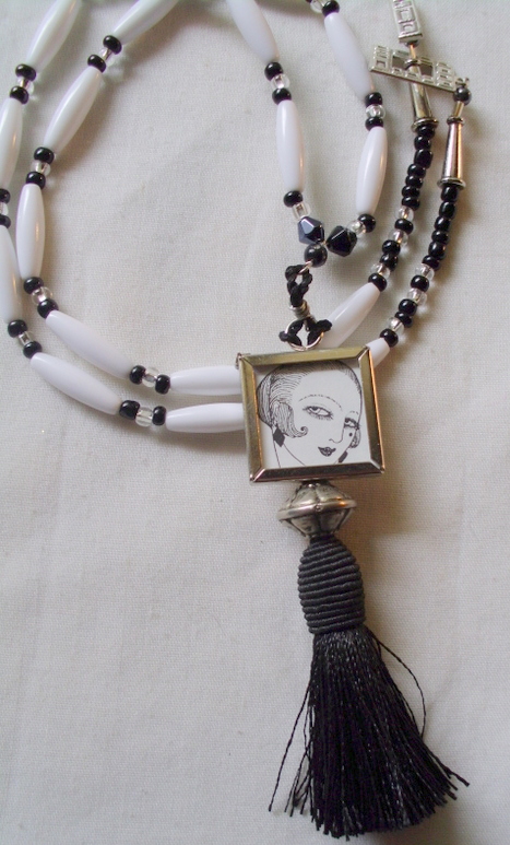Flapper Necklace In Black And White With Tassel And Picture Charm