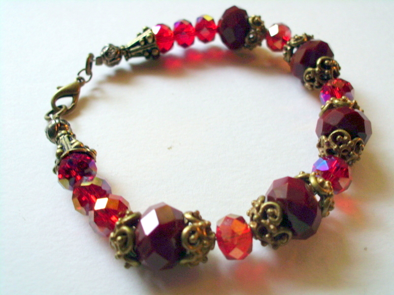 Art Nouveau Red Crystal Bracelet With Vintage Bead Caps